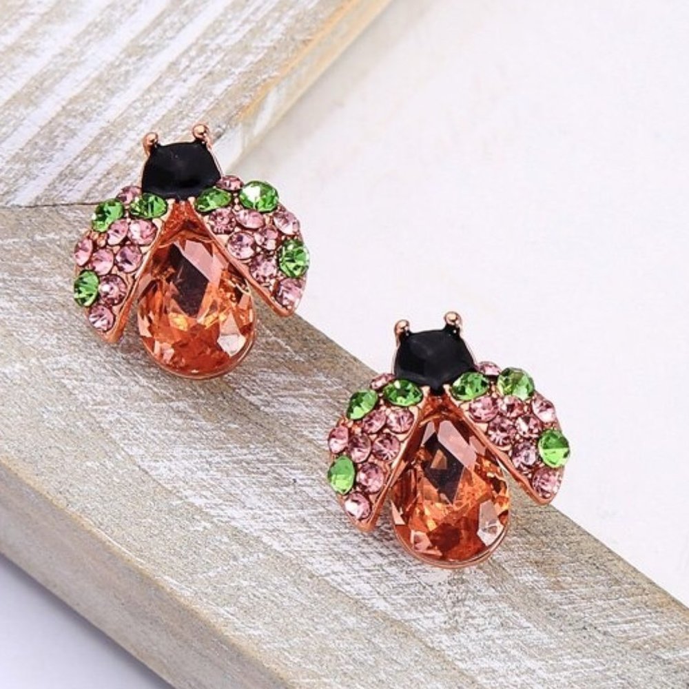 Gorgeous Ladybug CZ Rhinestone Stud Earrings. - Picture 3 of 4